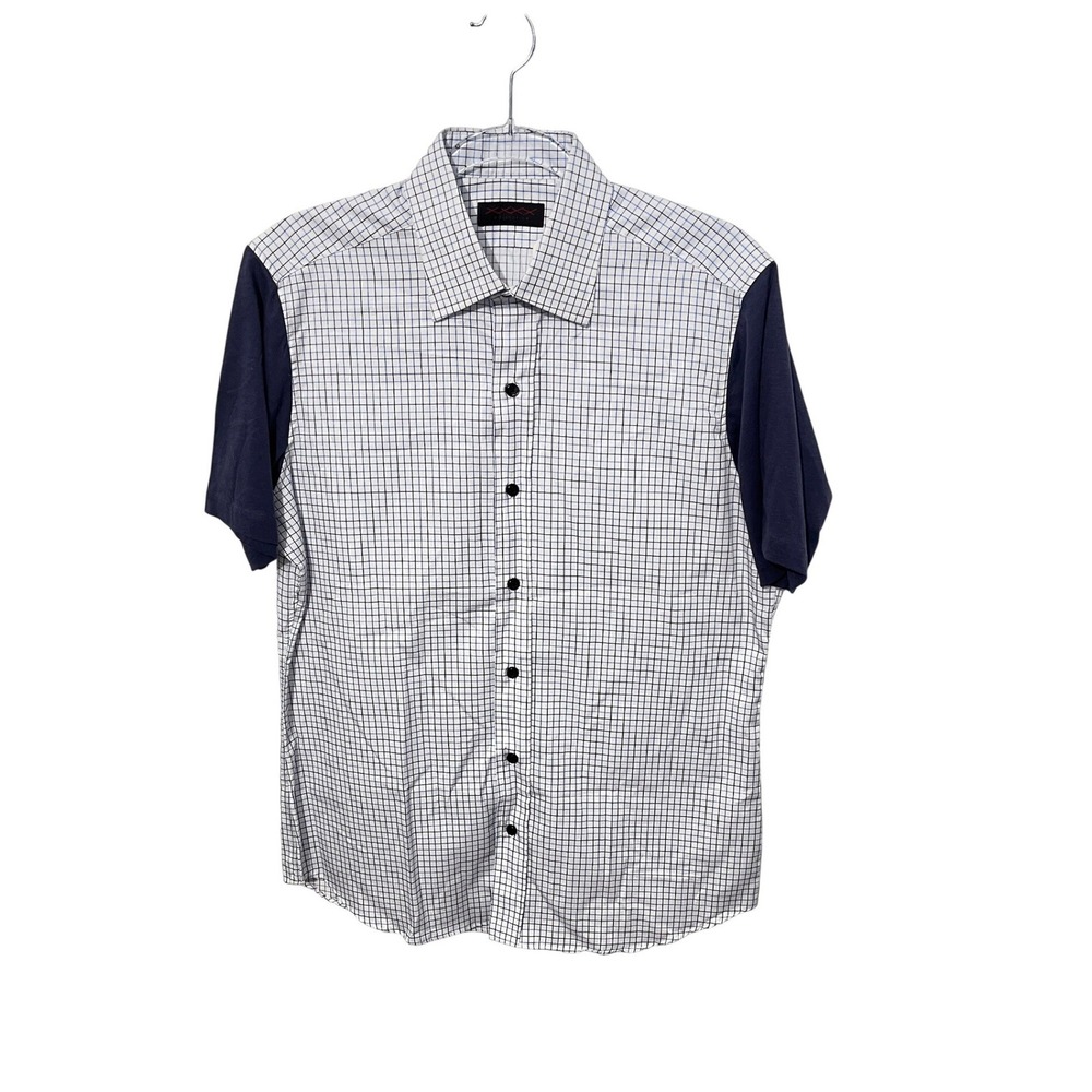 XXXX Collection Button Down Mens XXL White Blue Grid Mixed Media Short Sleeve